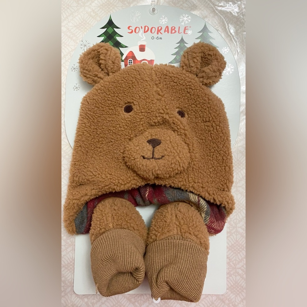 New Infant Plush Bear Trapper Hat and Mittens set by So'Dorable